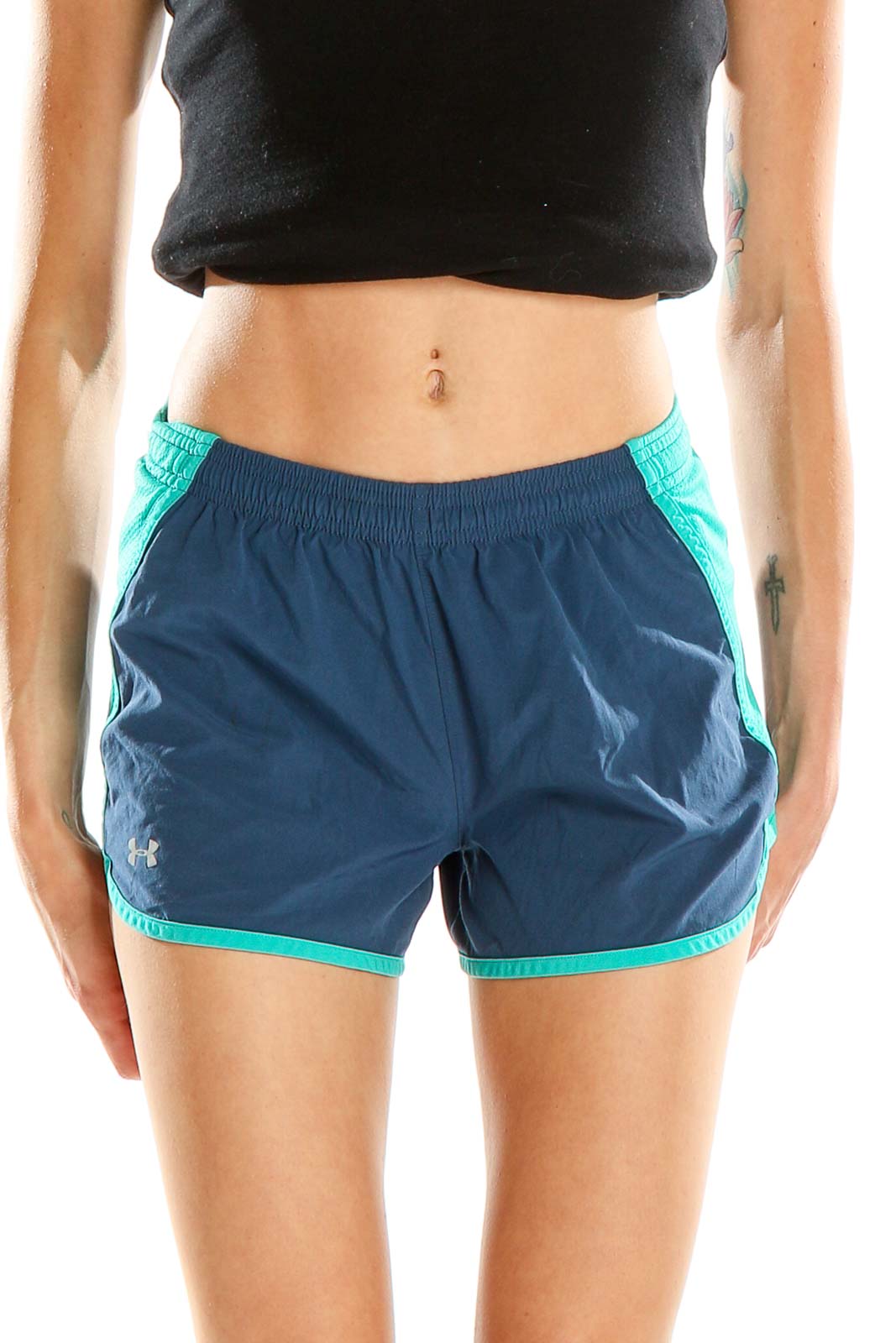 Front view of Under Armour navy and teal athletic shorts