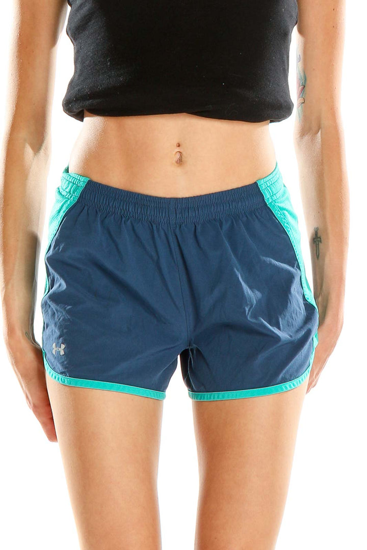 Front view of Under Armour navy and teal athletic shorts