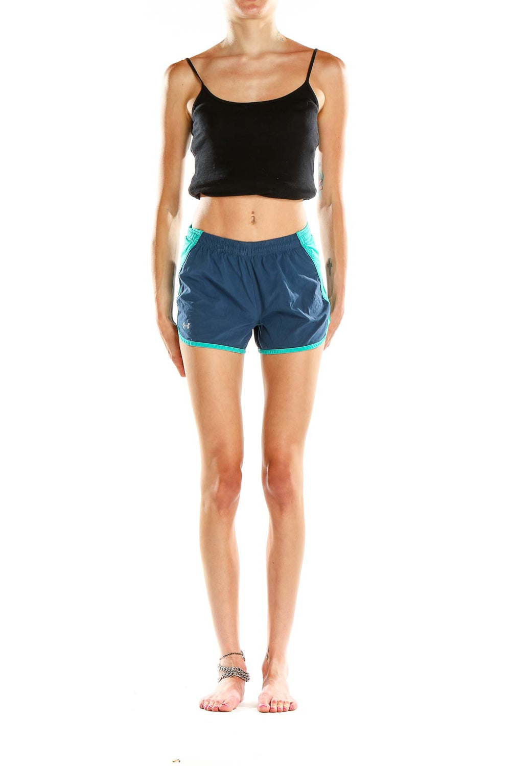 Front view of Under Armour navy and teal athletic shorts