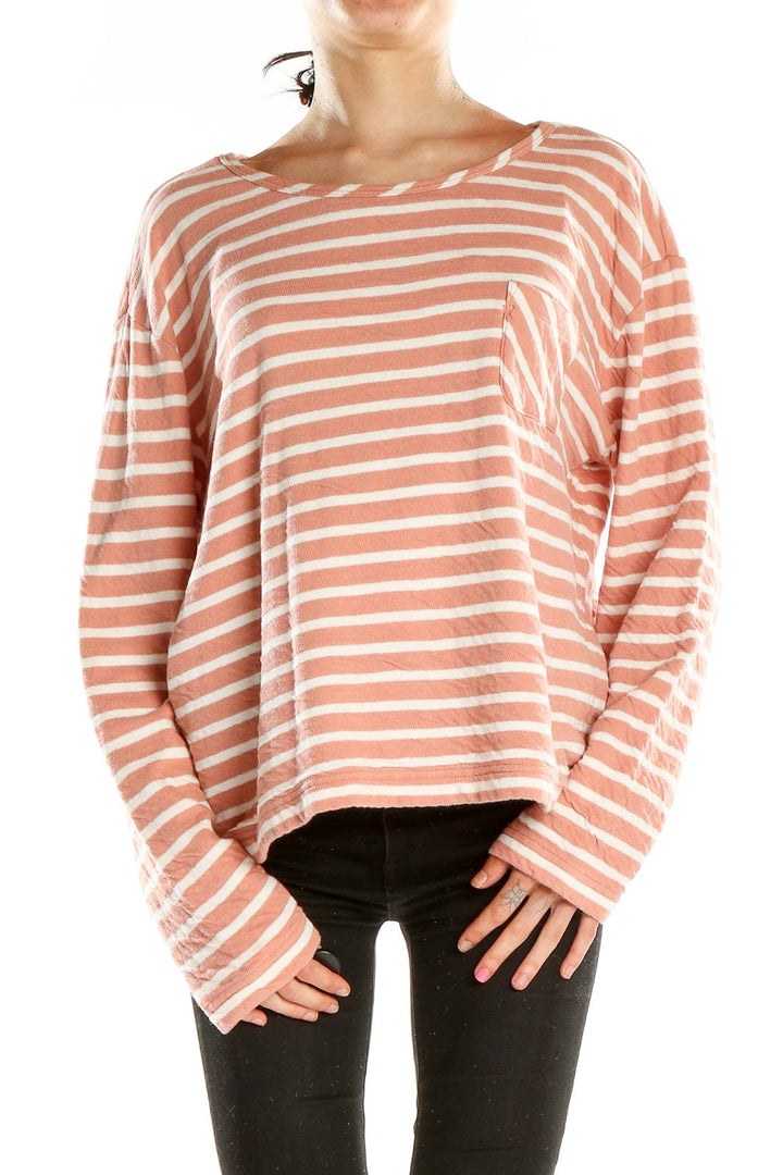 Front view of Alex Mill peach striped cotton long sleeve top