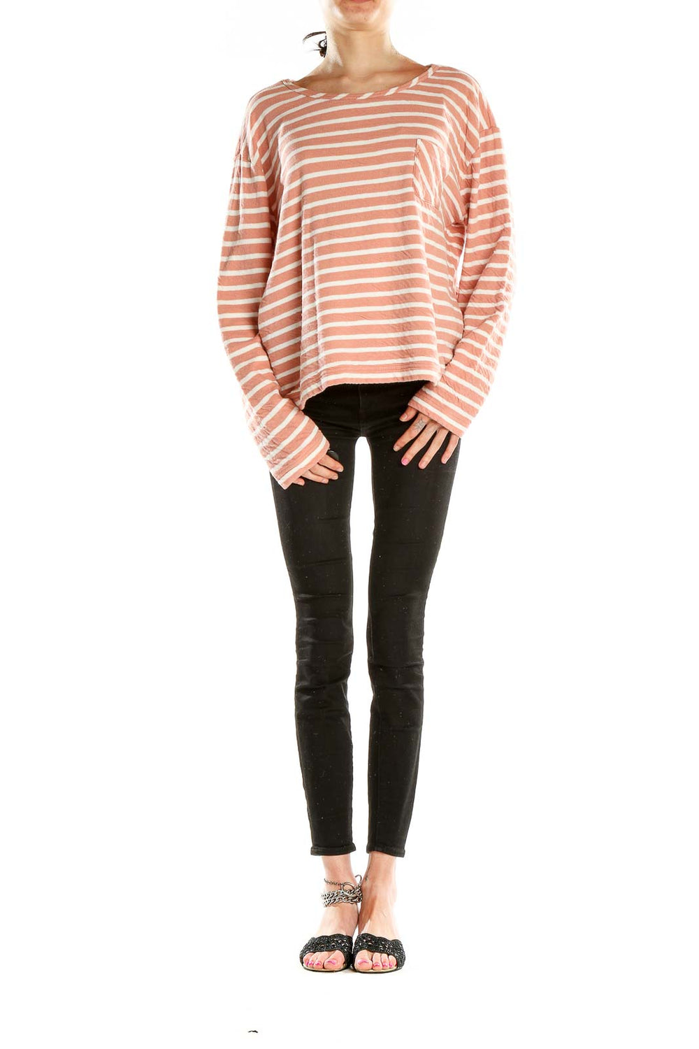 Front view of Alex Mill peach striped cotton long sleeve top
