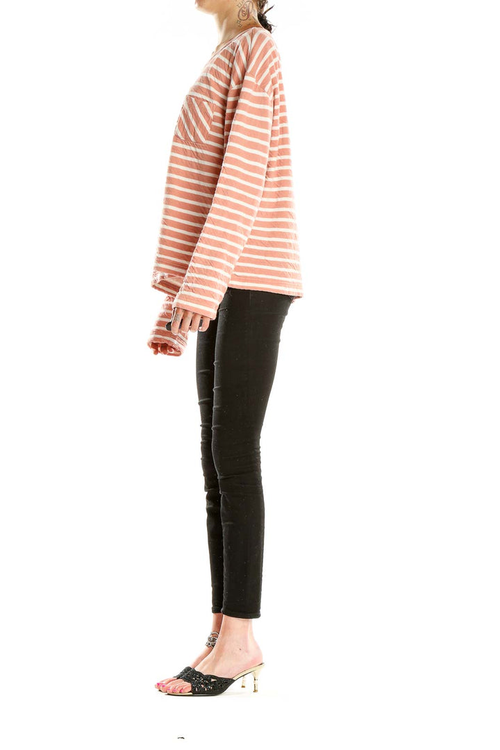 Front view of Alex Mill peach striped cotton long sleeve top