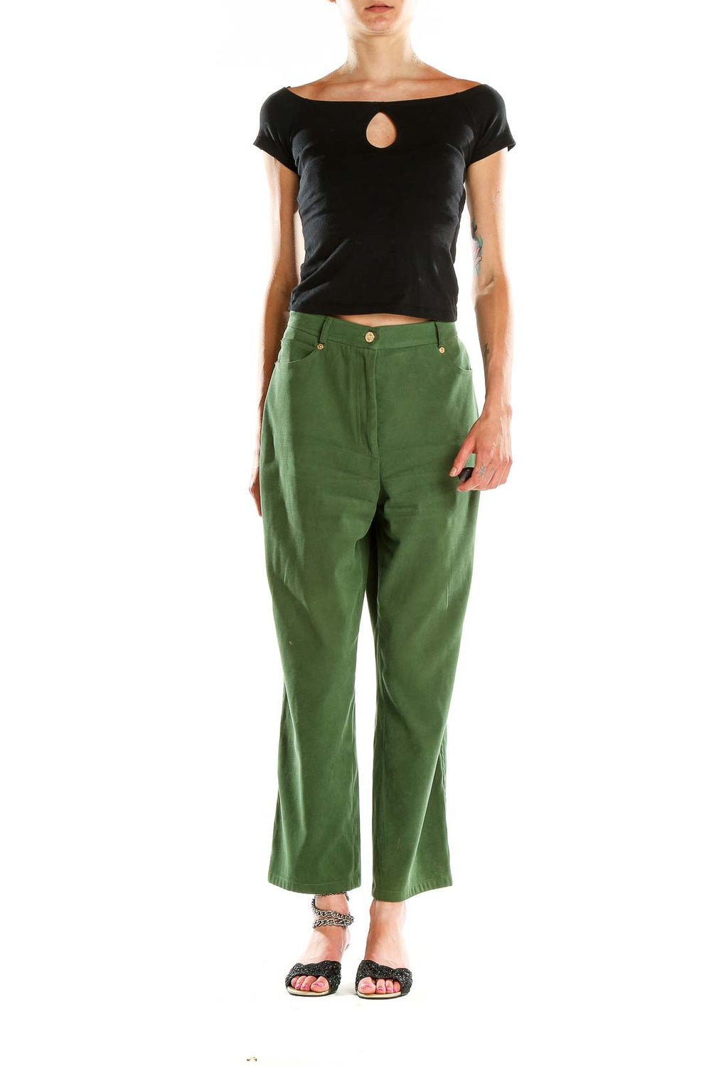 Front view of St. John Sport green high-waisted wide-leg trousers