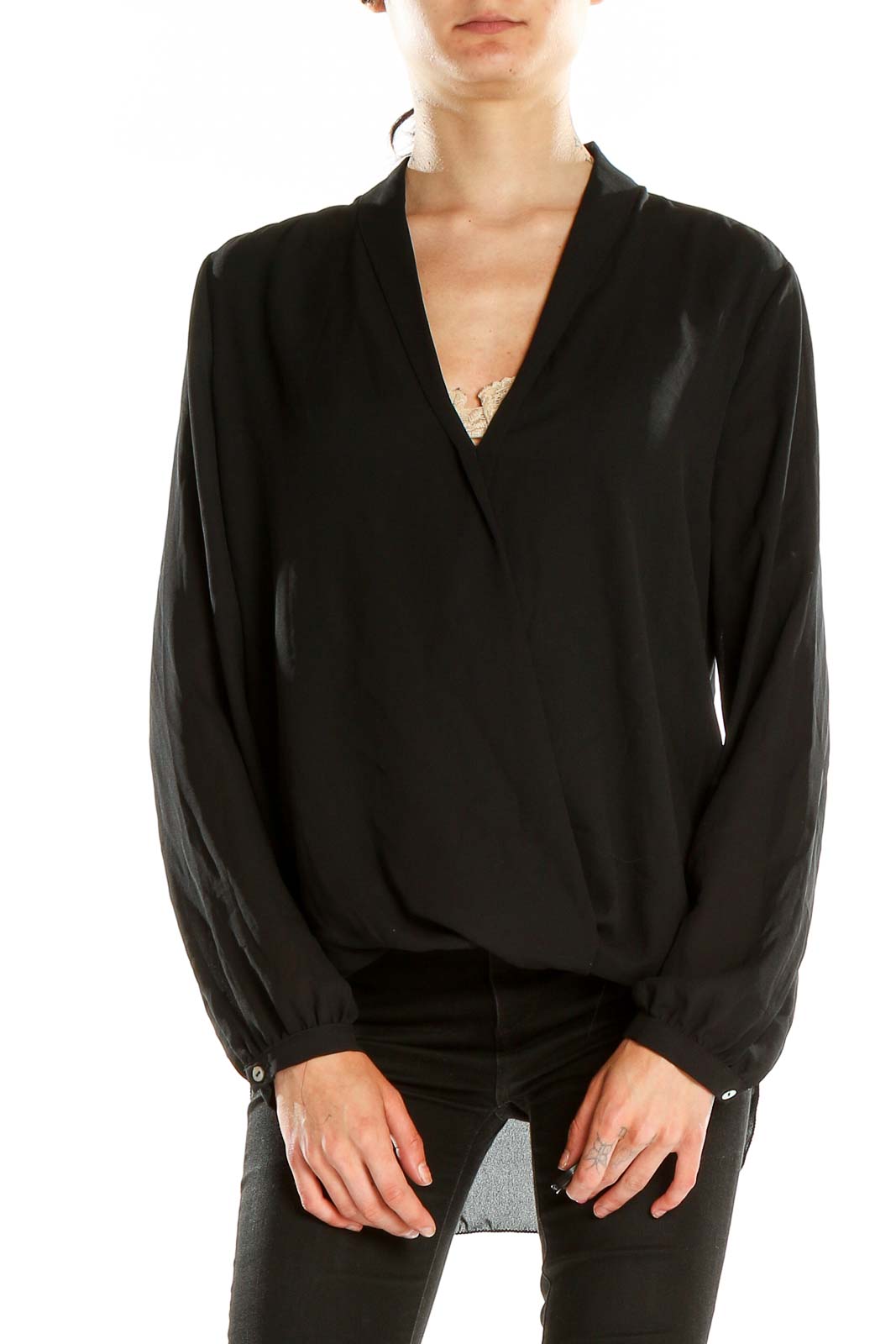 Front view of Max Studio black wrap blouse with V-neckline