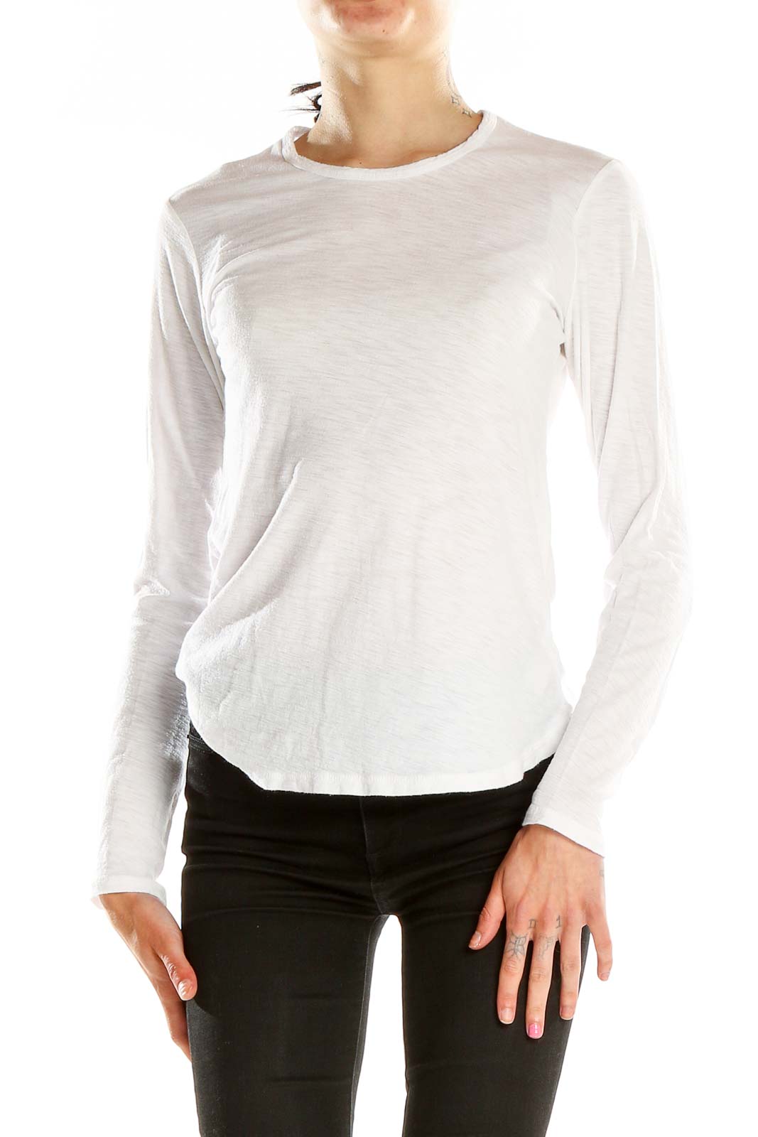 Front view of white long-sleeve top by Standard James Perse
