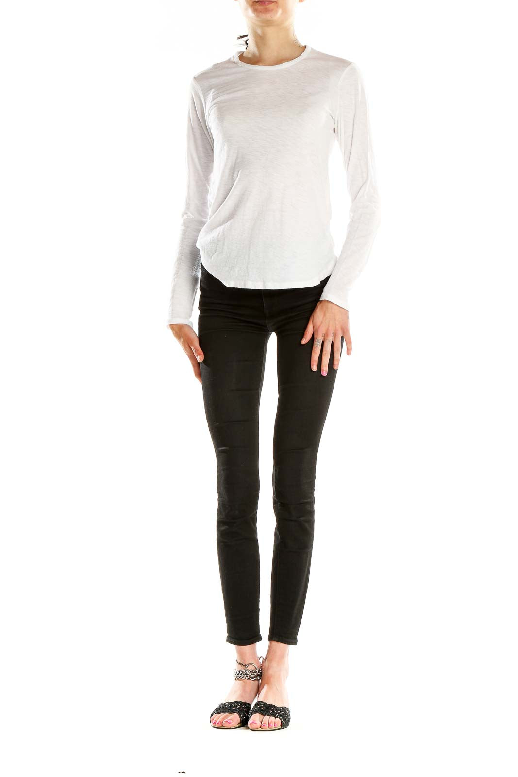 Front view of white long-sleeve top by Standard James Perse