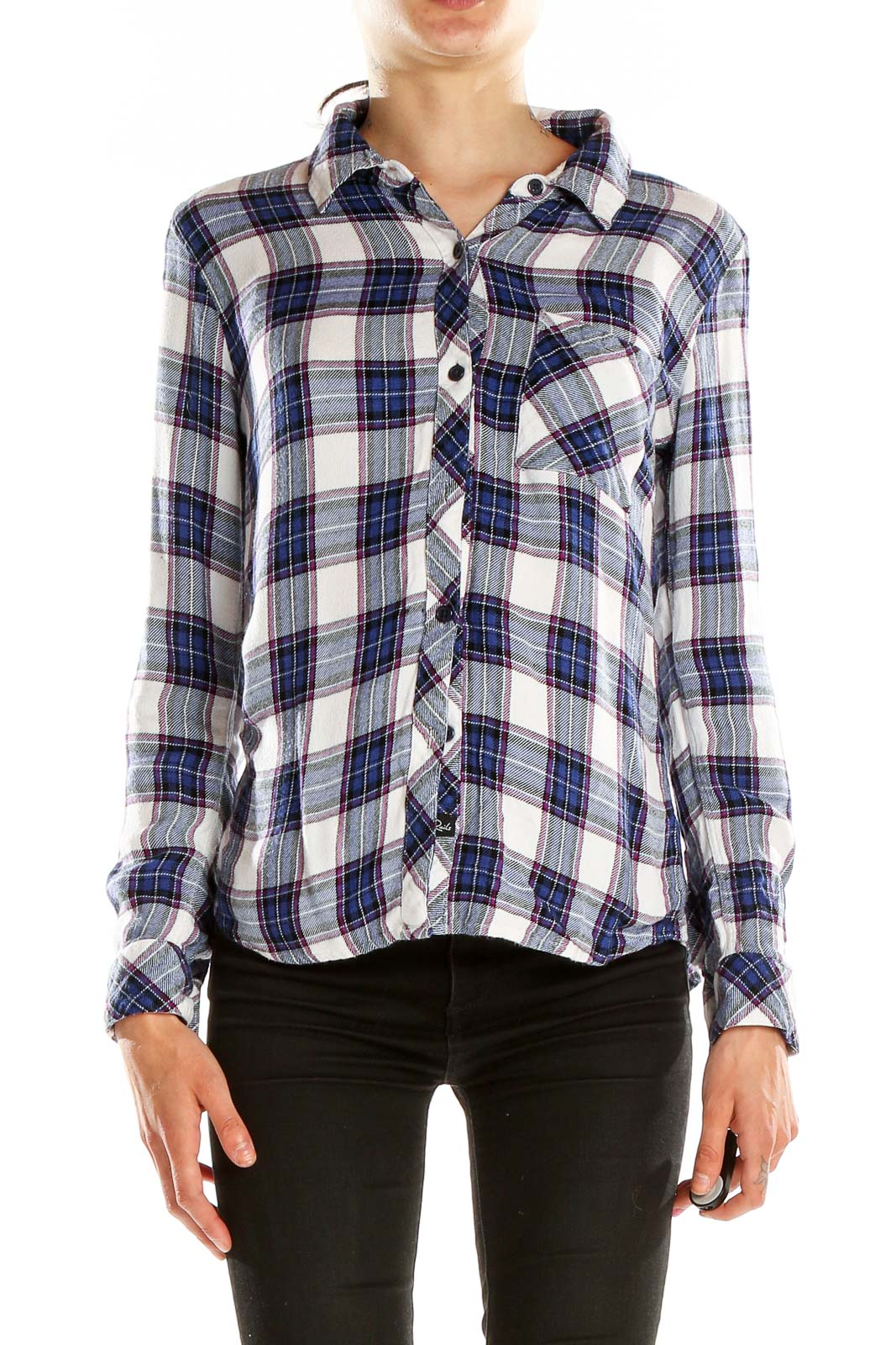 Front view of Rails blue and white plaid button-up shirt on model