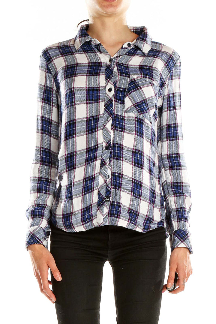 Front view of Rails blue and white plaid button-up shirt on model