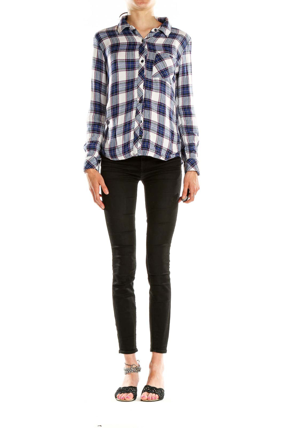 Front view of Rails blue and white plaid button-up shirt on model