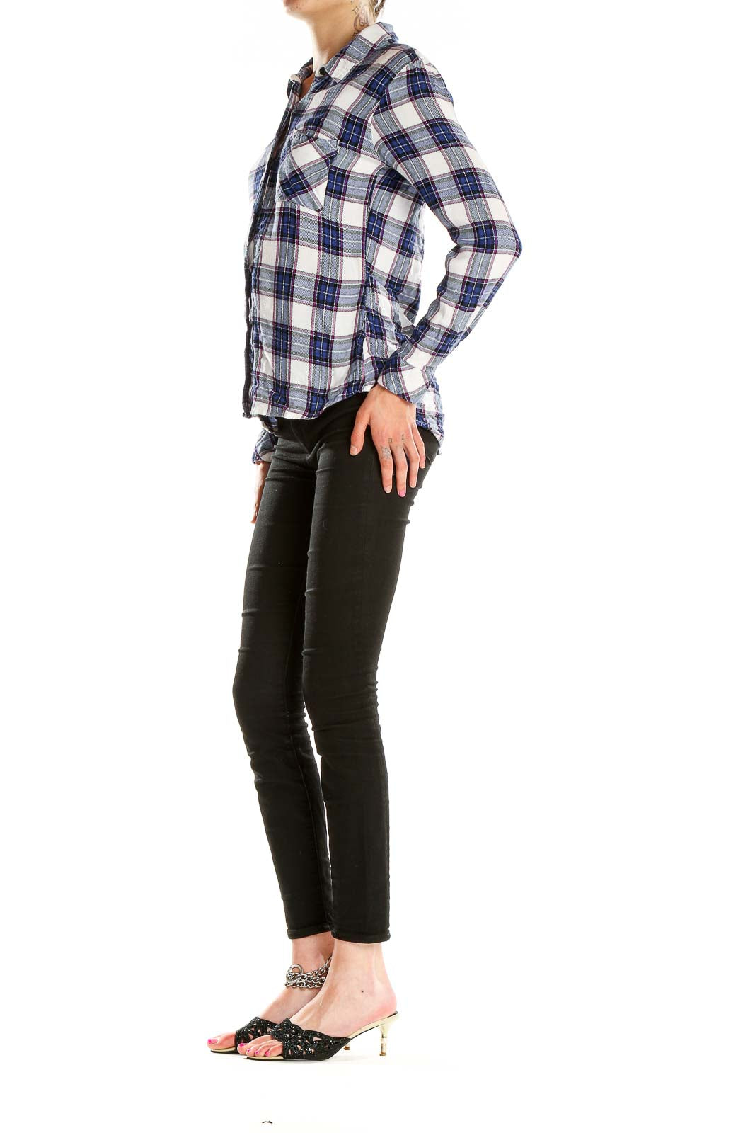 Front view of Rails blue and white plaid button-up shirt on model