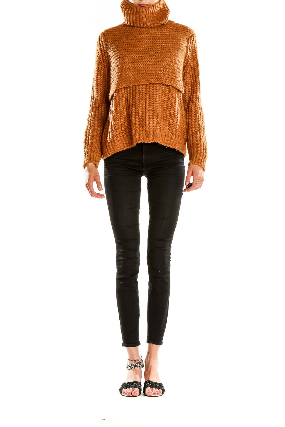 Front view of camel chunky knit turtleneck sweater with layered design
