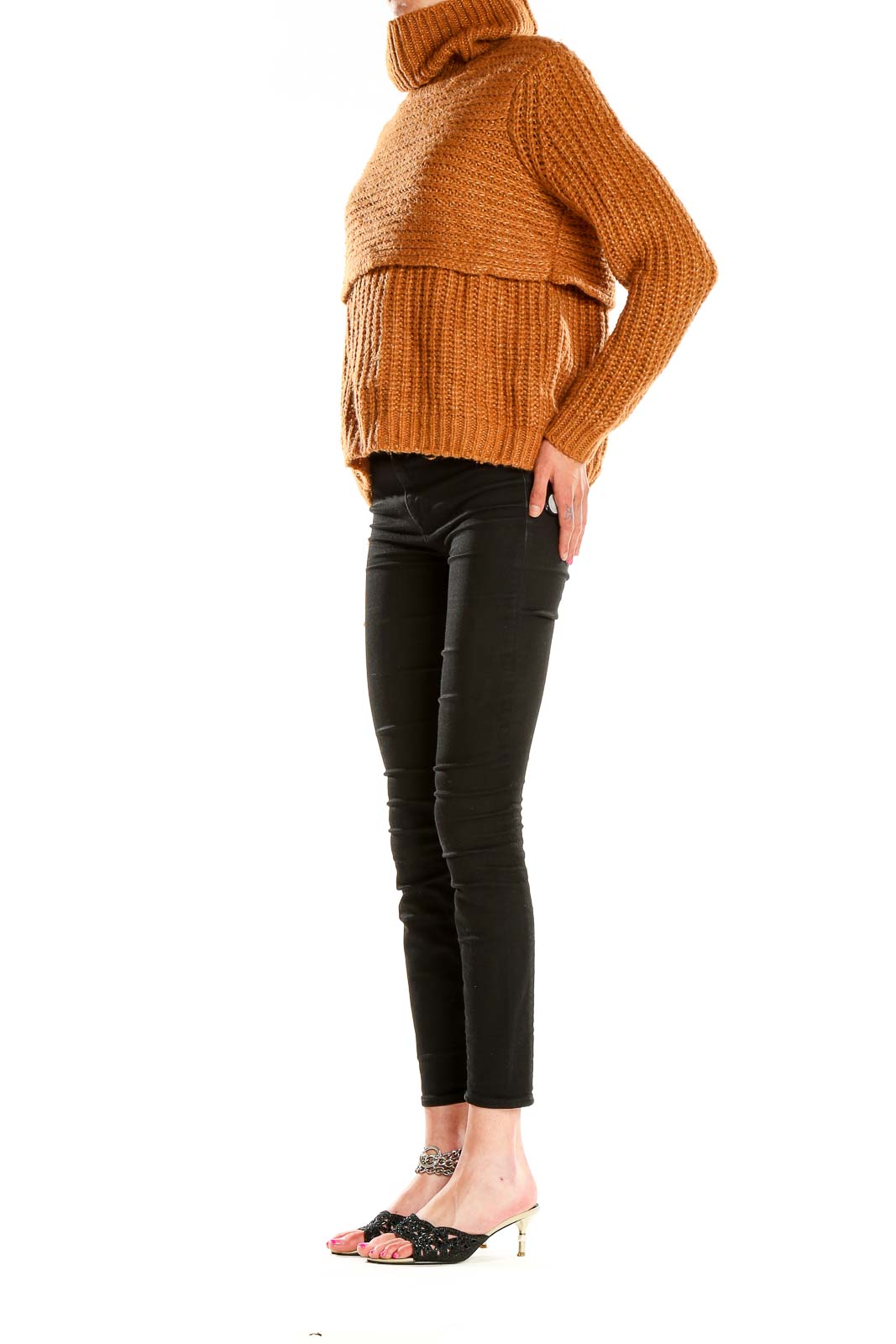 Front view of camel chunky knit turtleneck sweater with layered design