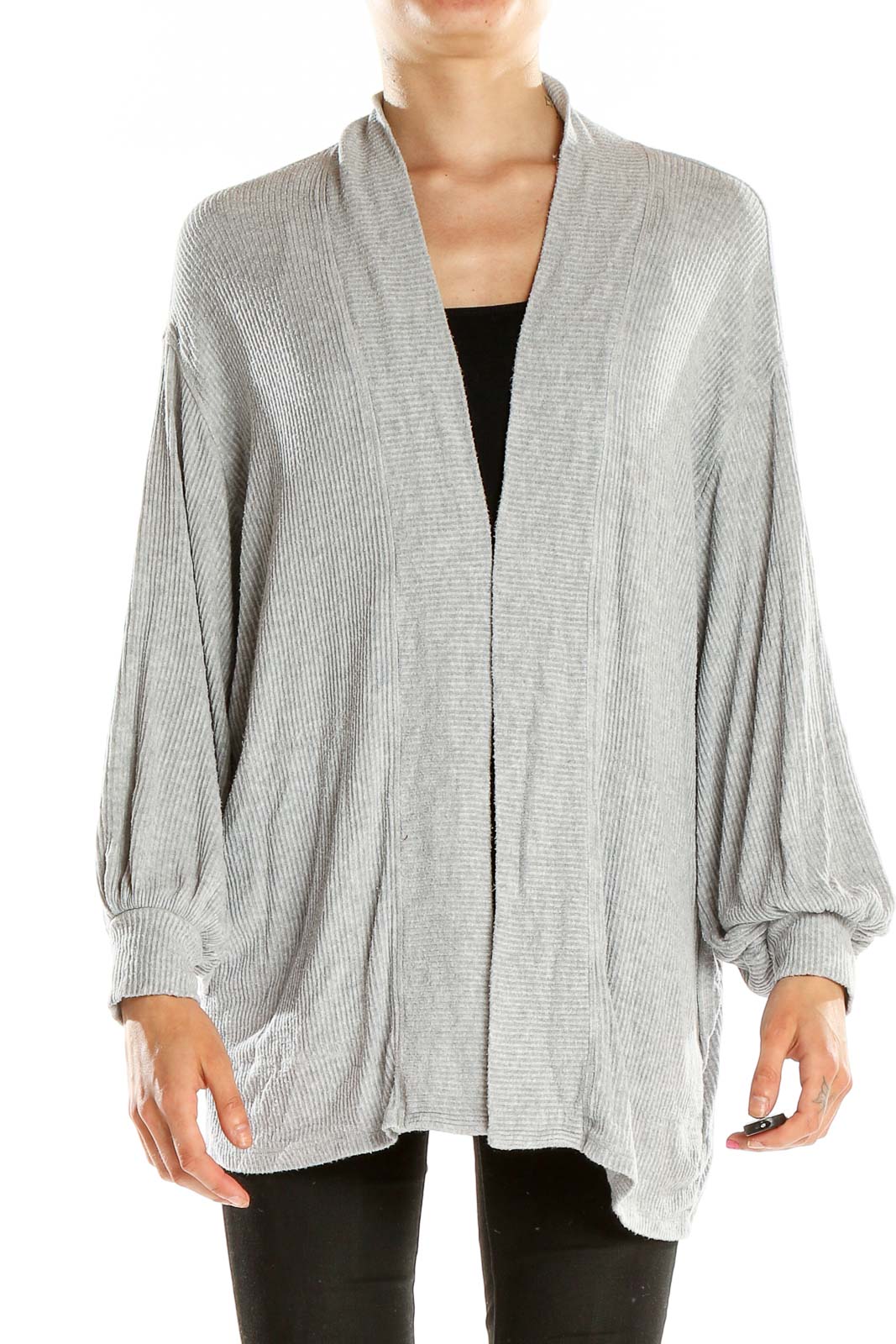 Front view of gray ribbed open front cardigan with balloon sleeves by Velvet by Graham & Spencer