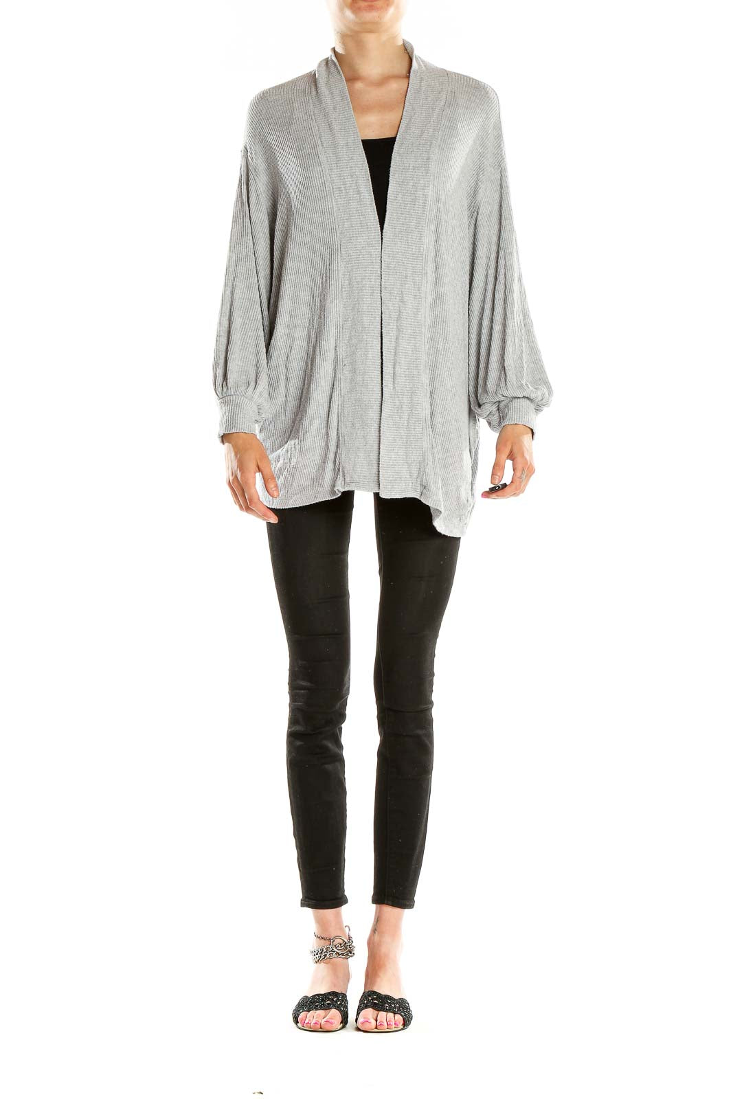 Front view of gray ribbed open front cardigan with balloon sleeves by Velvet by Graham & Spencer