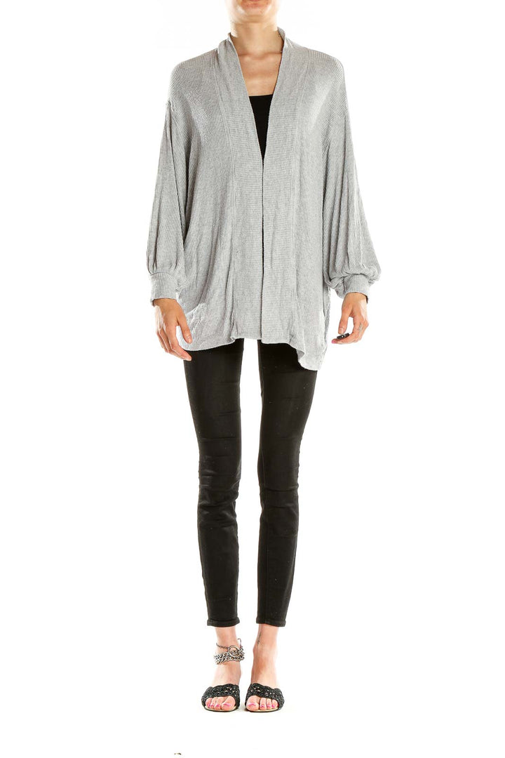 Front view of gray ribbed open front cardigan with balloon sleeves by Velvet by Graham & Spencer