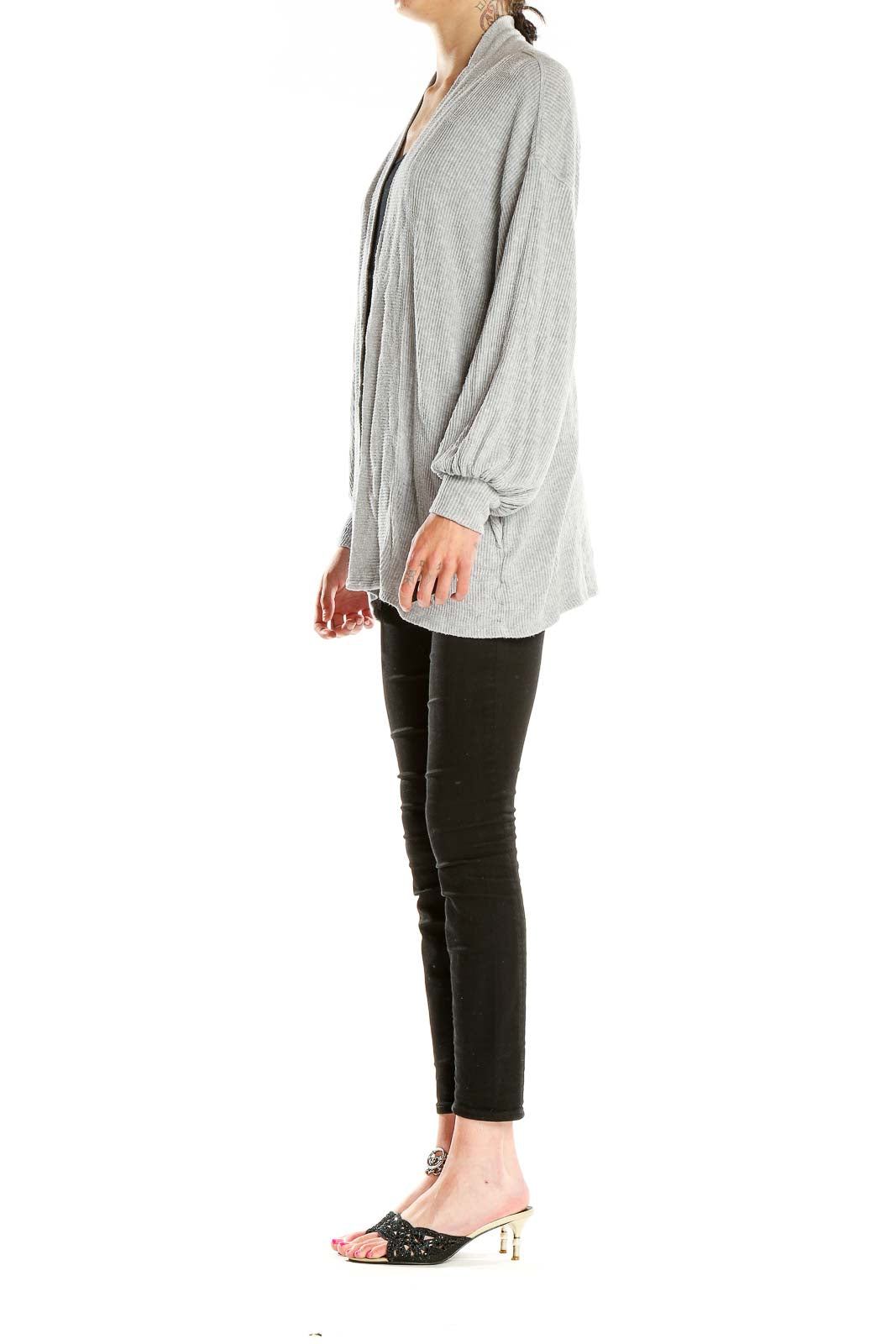 Front view of gray ribbed open front cardigan with balloon sleeves by Velvet by Graham & Spencer