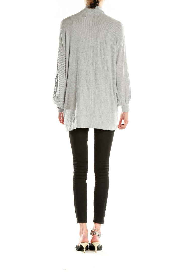 Side view of gray ribbed open front cardigan showing drape and length by Velvet by Graham & Spencer