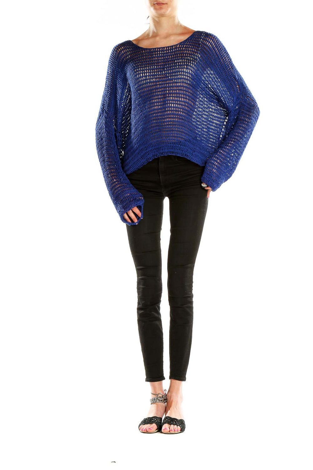 Front view of Mikoh blue crochet rayon crop top on model