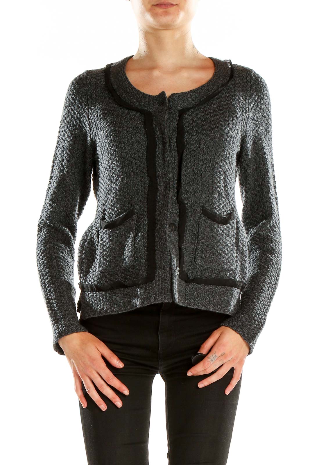 Front view of Banana Republic gray textured knit cardigan jacket with black trim