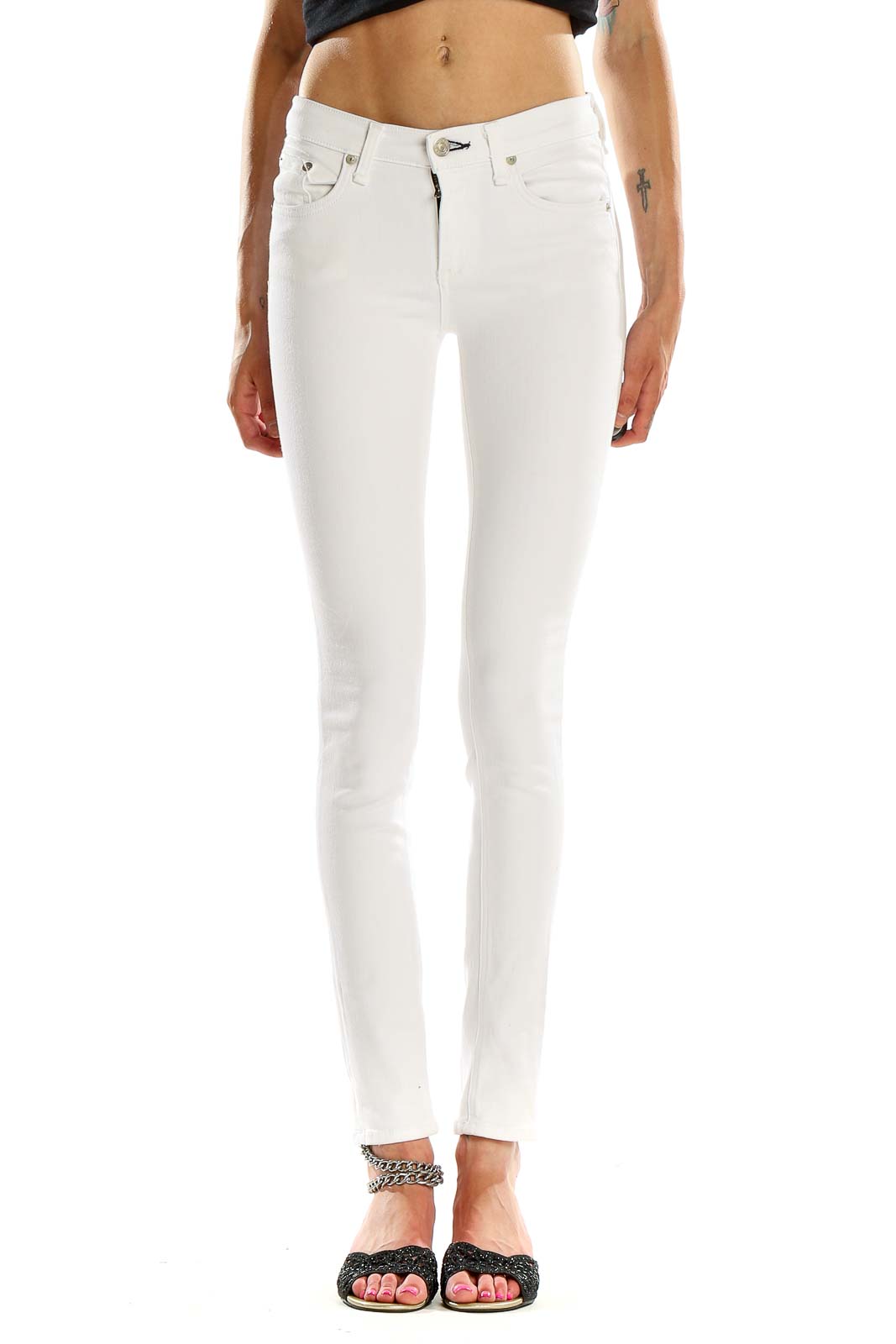 Front view of Rag & Bone white skinny jeans on model