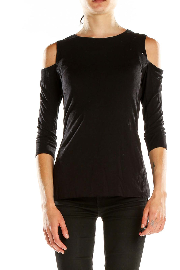 Front view of Bailey 44 black cold shoulder long sleeve top