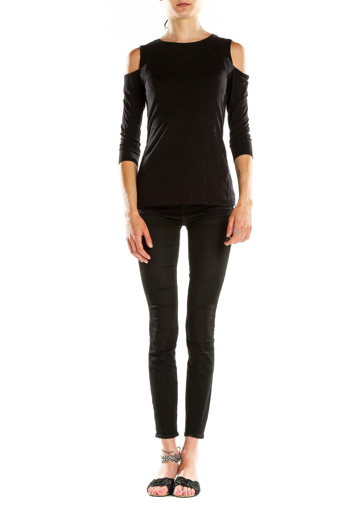 Front view of Bailey 44 black cold shoulder long sleeve top