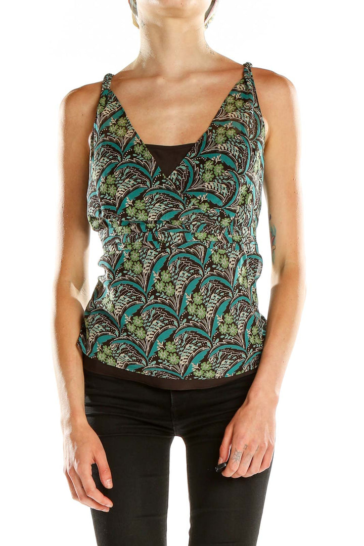 Front view of Ann Taylor LOFT green floral print V-neck tank top