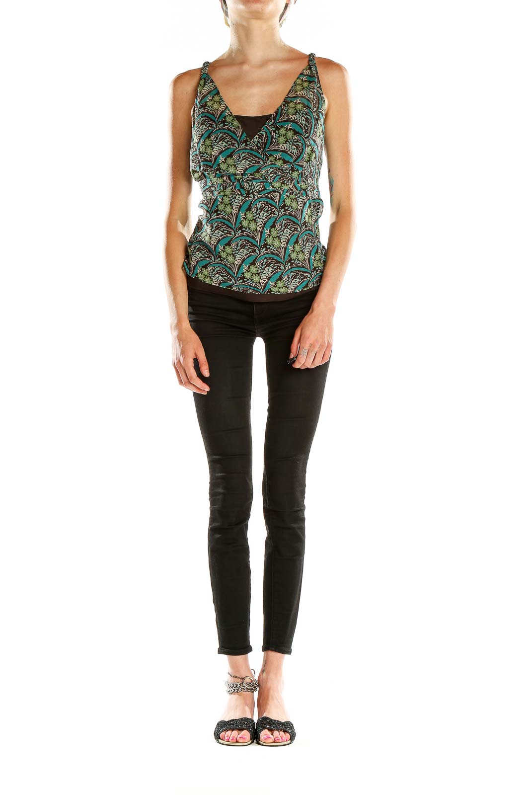 Front view of Ann Taylor LOFT green floral print V-neck tank top