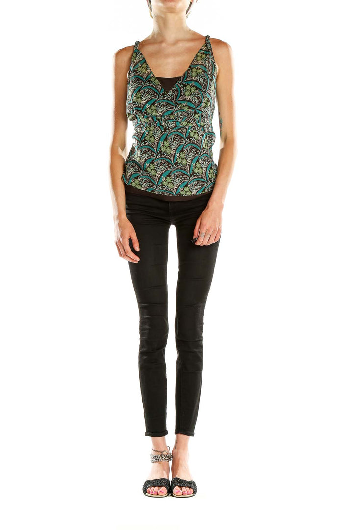 Front view of Ann Taylor LOFT green floral print V-neck tank top