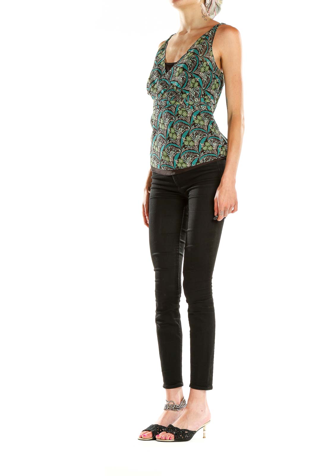 Front view of Ann Taylor LOFT green floral print V-neck tank top