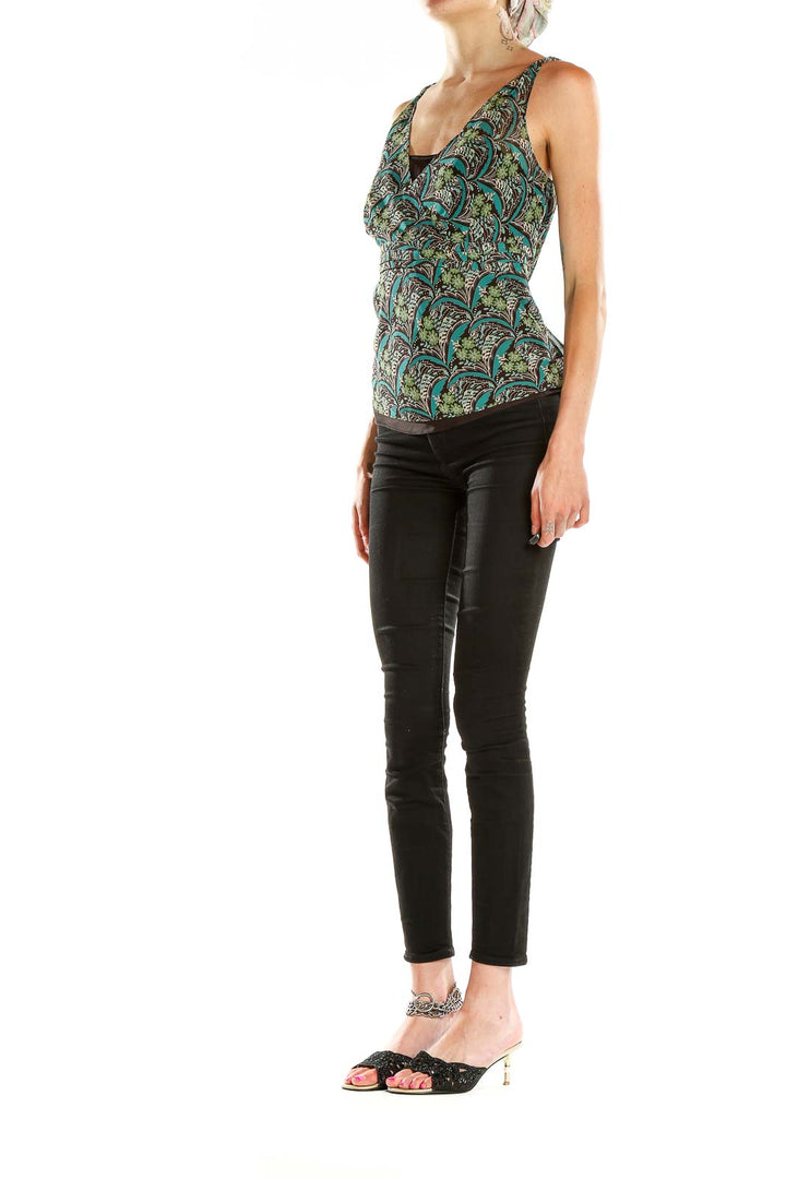 Front view of Ann Taylor LOFT green floral print V-neck tank top