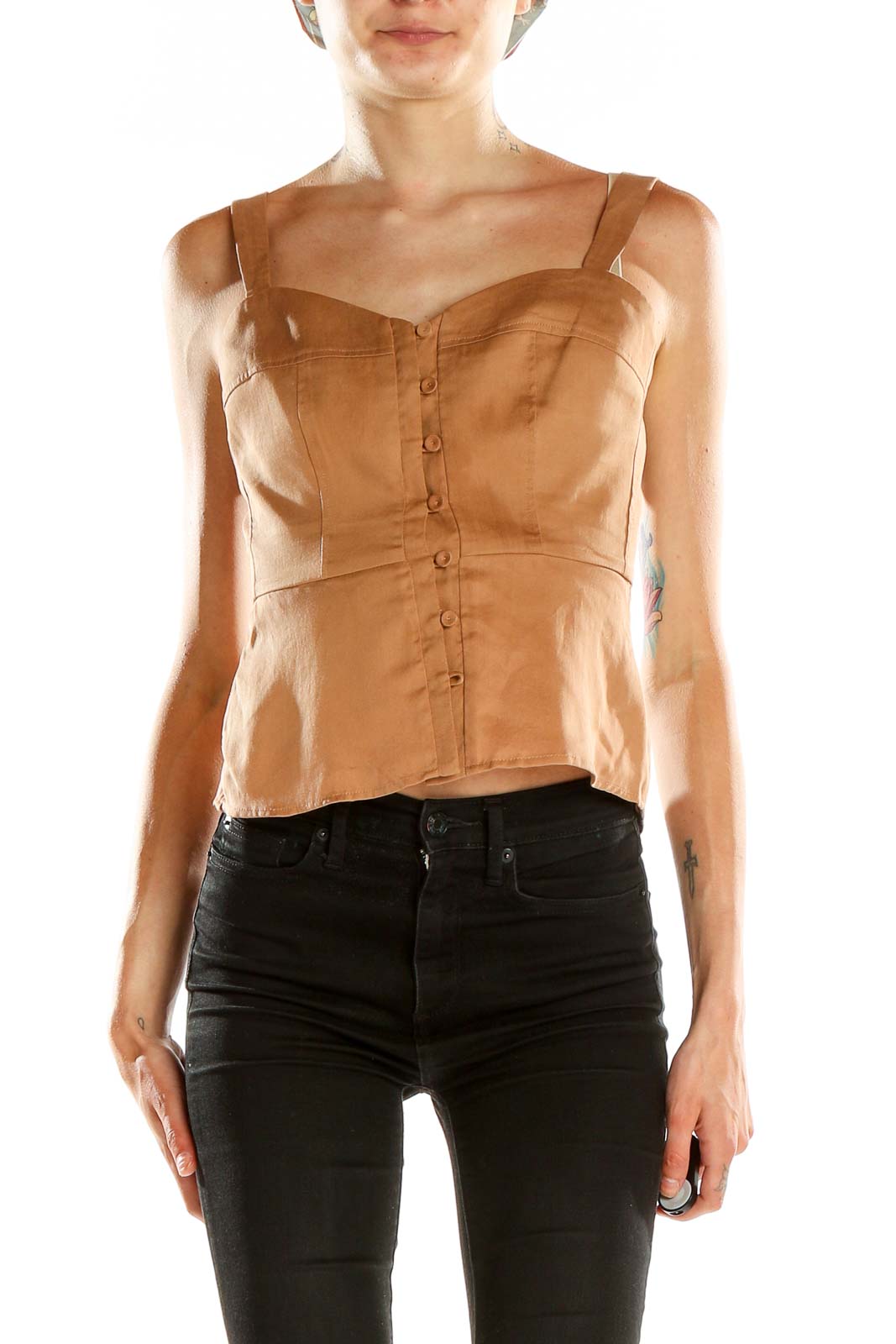 Front view of BCBG MaxAzria camel button-front sleeveless crop top