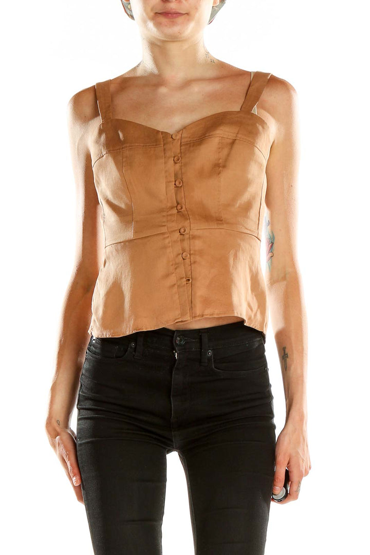 Front view of BCBG MaxAzria camel button-front sleeveless crop top
