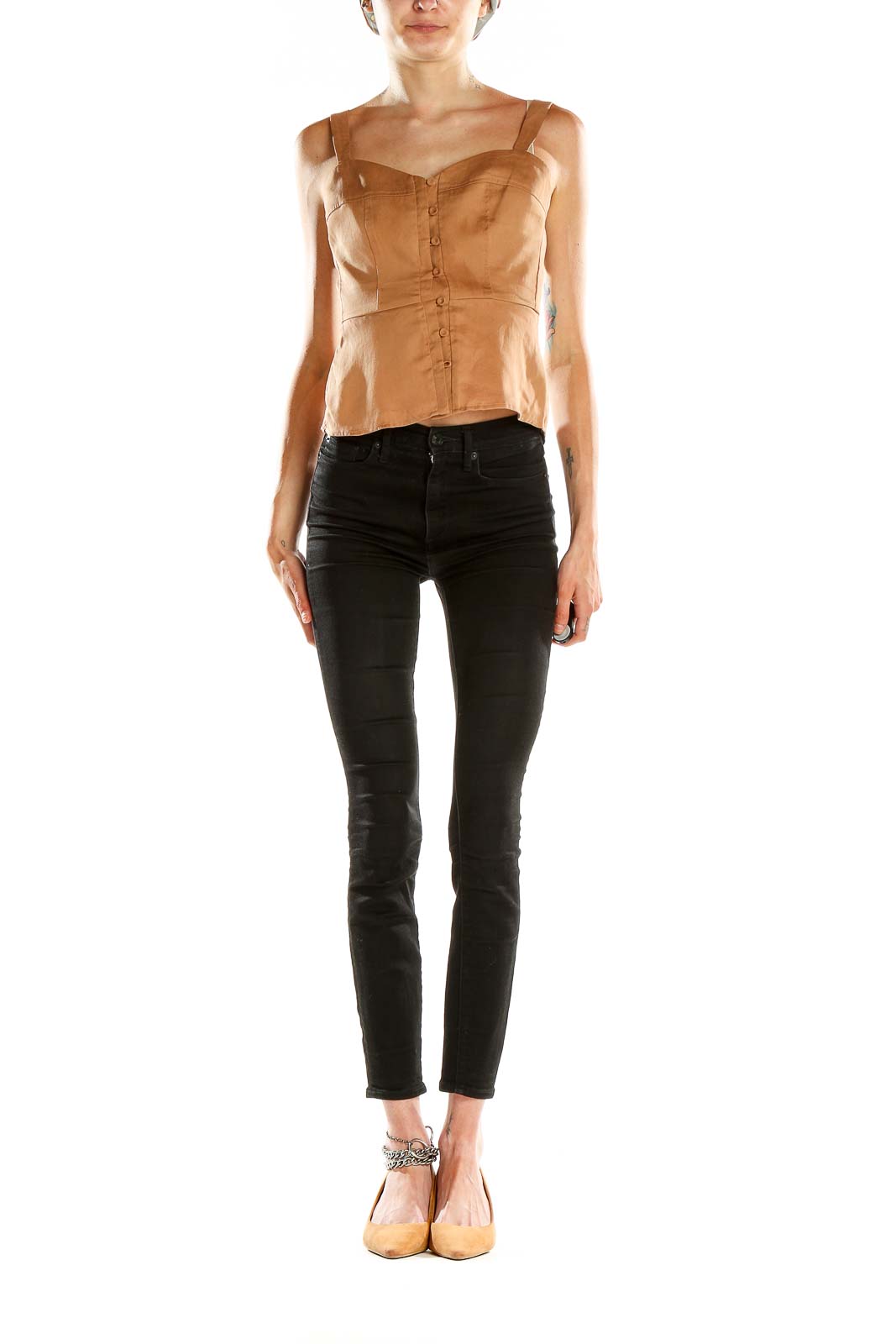 Front view of BCBG MaxAzria camel button-front sleeveless crop top