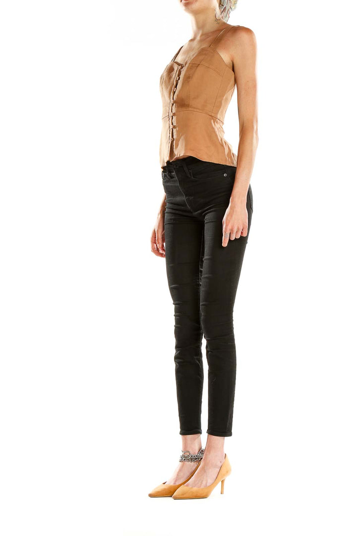 Front view of BCBG MaxAzria camel button-front sleeveless crop top