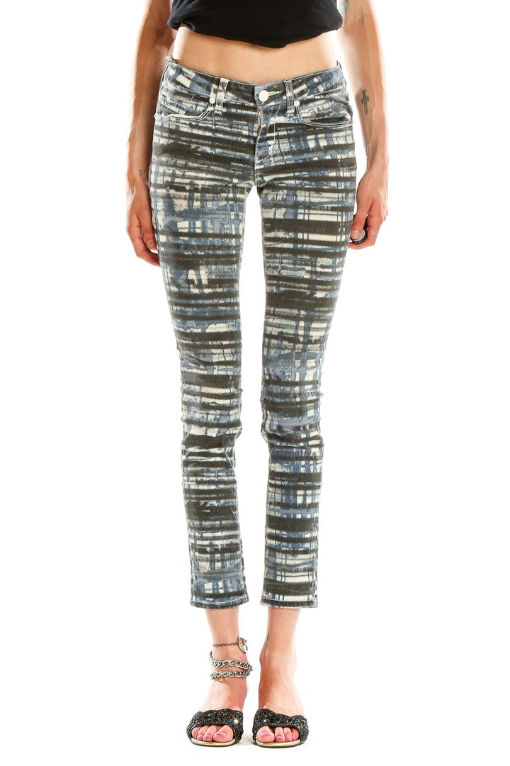 Front view of David Kahn blue and gray striped skinny jeans