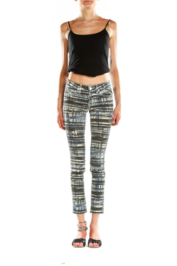 Front view of David Kahn blue and gray striped skinny jeans