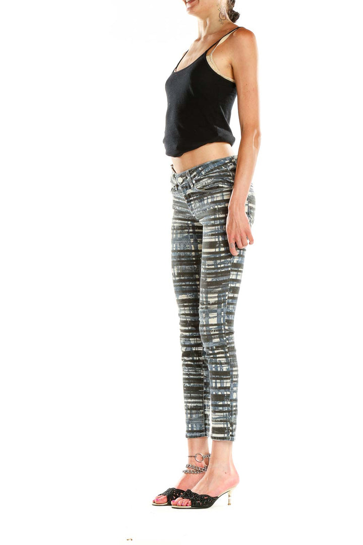 Front view of David Kahn blue and gray striped skinny jeans