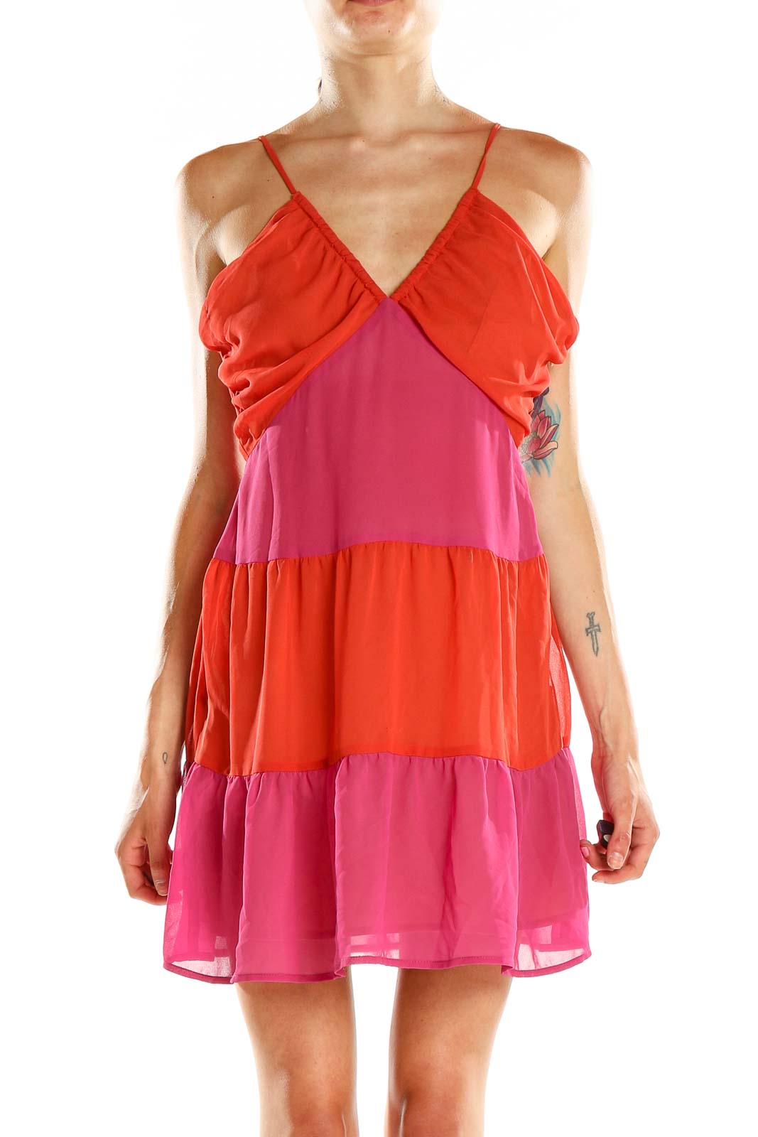 Front view of BCBGeneration Red and Pink Color Block Tiered Dress with V-neck and spaghetti straps