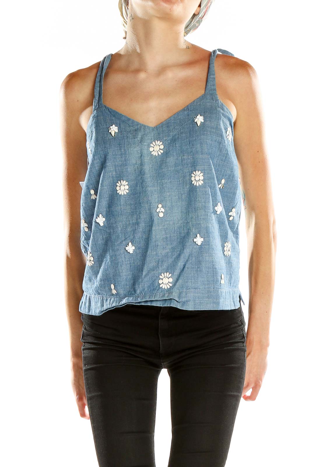Front view of J.Crew blue camisole top with white floral embroidery