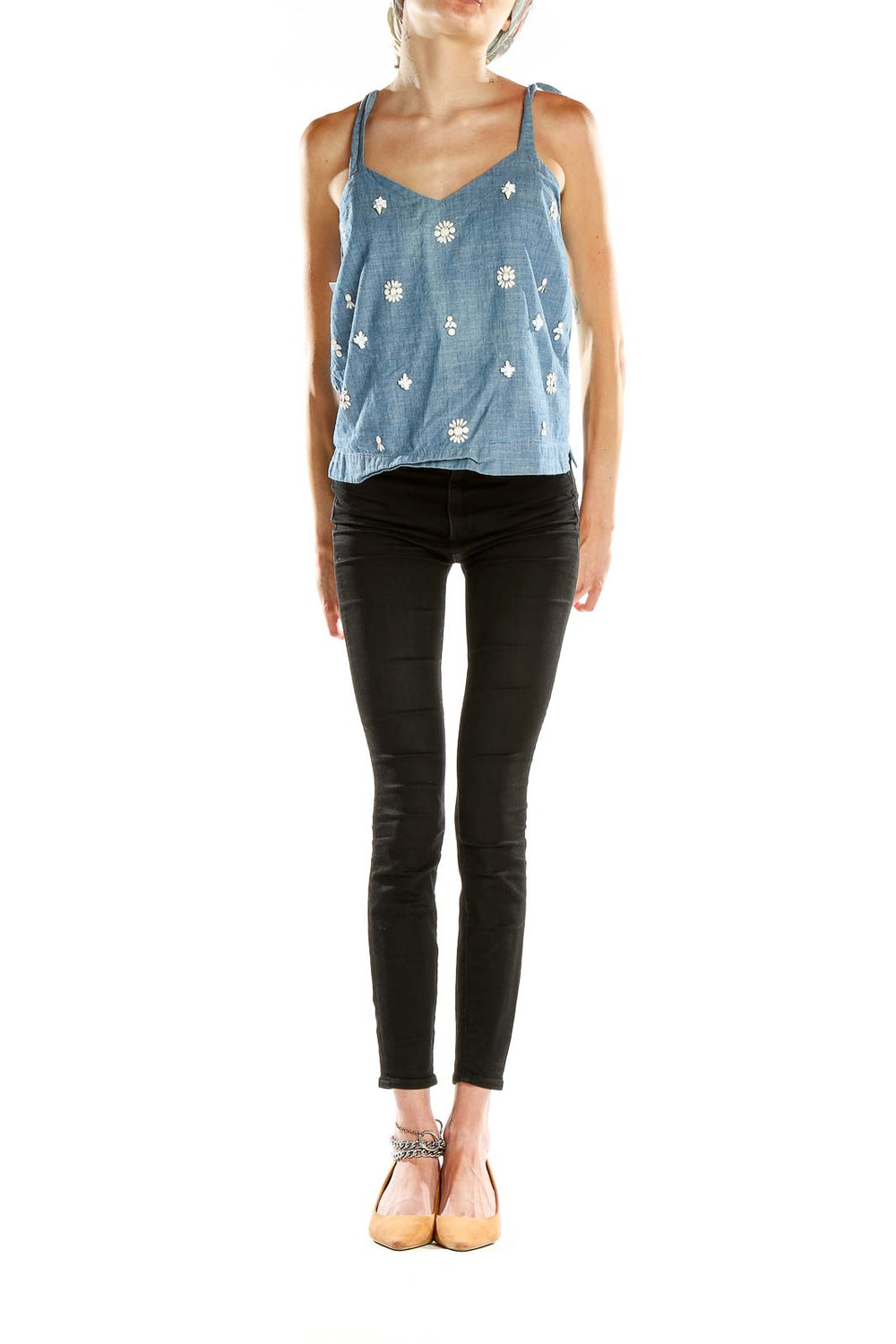 Front view of J.Crew blue camisole top with white floral embroidery