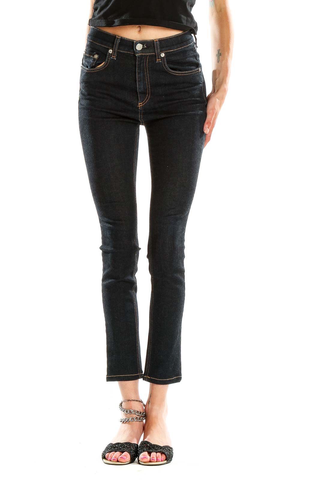 Front view of Rag & Bone dark blue slim fit cropped jeans