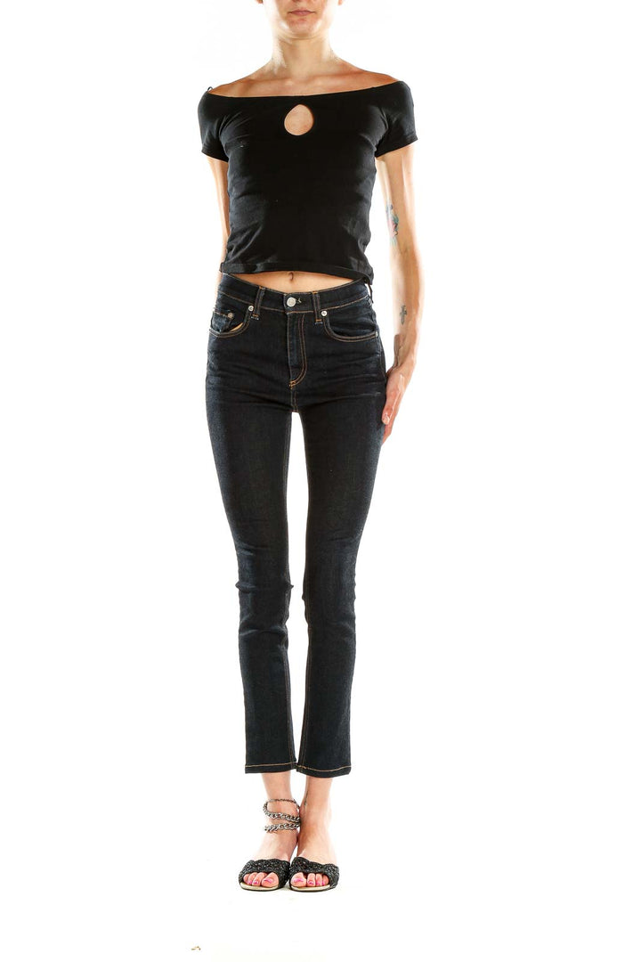 Front view of Rag & Bone dark blue slim fit cropped jeans