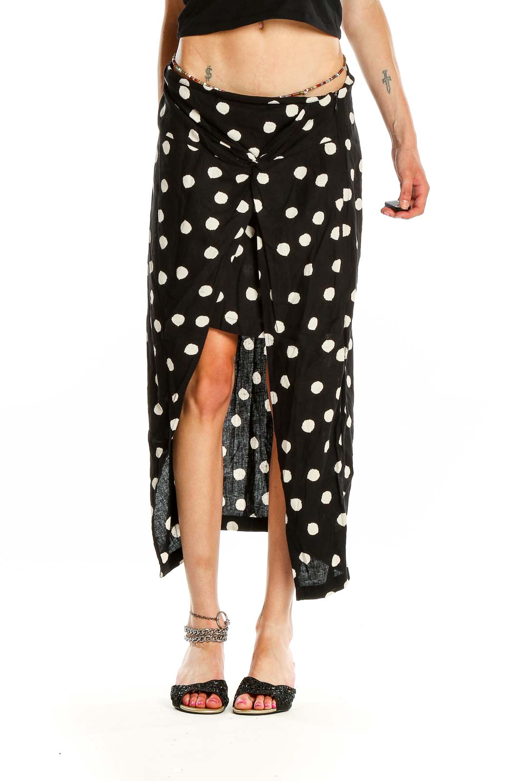 Front view of Urban Outfitters Black and White Polka Dot Maxi Skirt with front slit