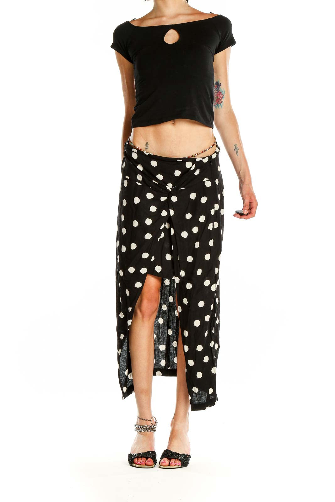 Front view of Urban Outfitters Black and White Polka Dot Maxi Skirt with front slit