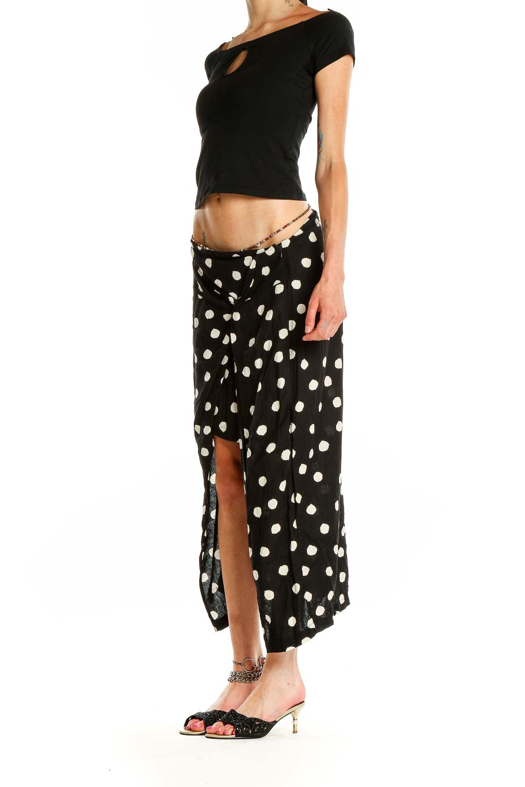 Front view of Urban Outfitters Black and White Polka Dot Maxi Skirt with front slit