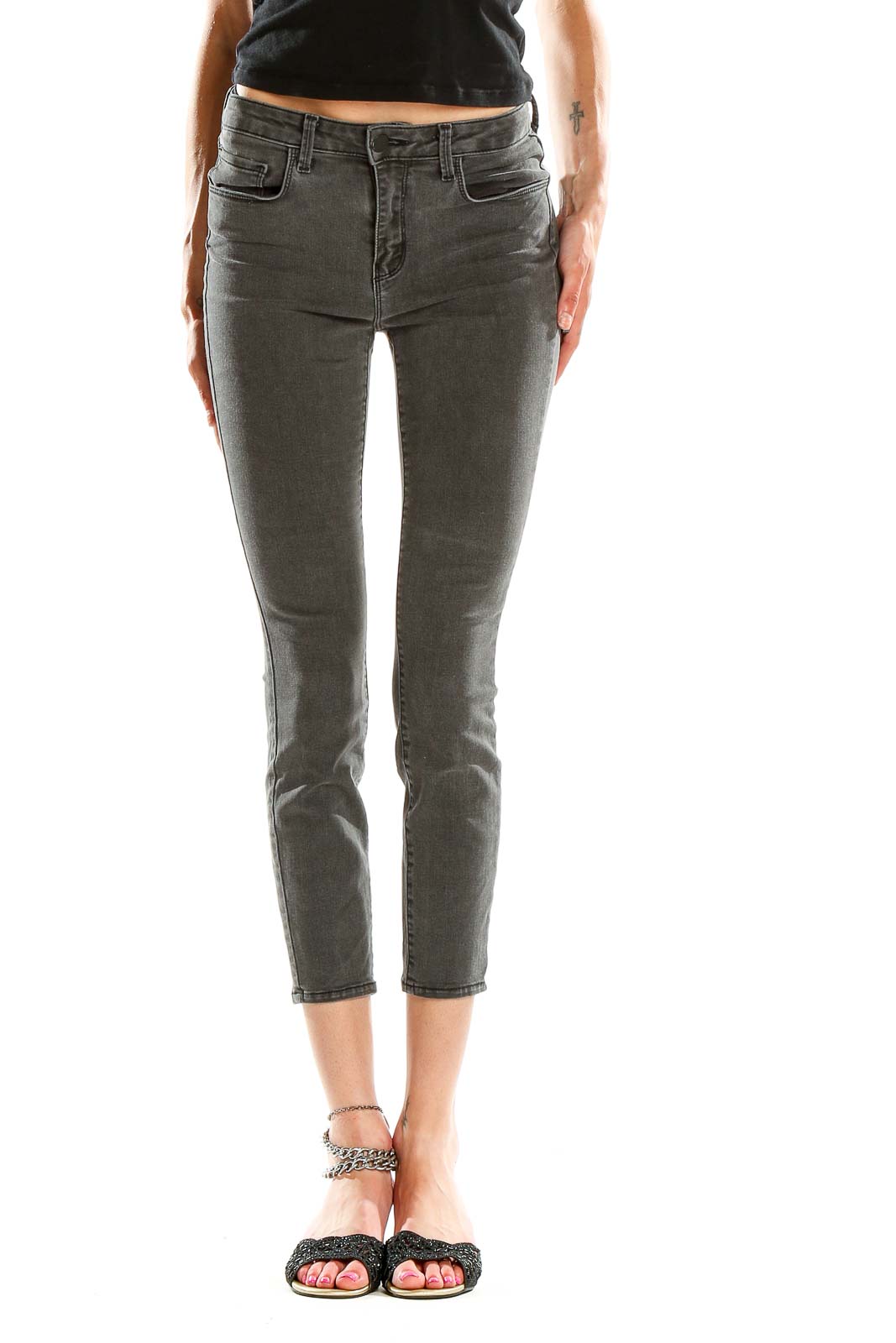 Front view of L'AGENCE olive green cropped skinny jeans on model