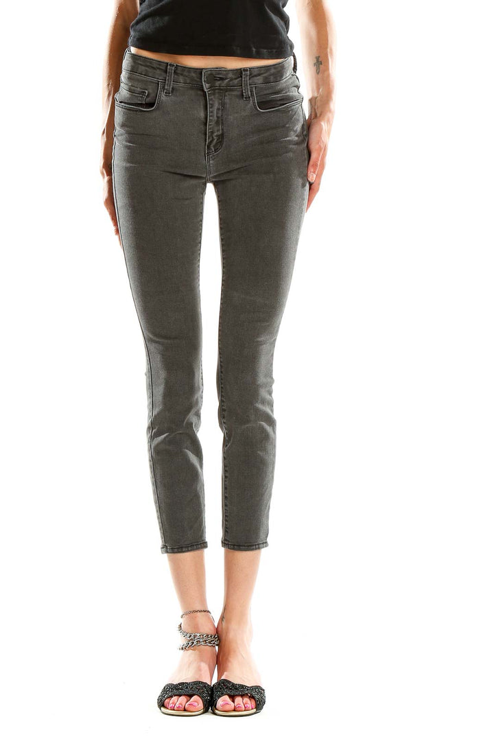 Front view of L'AGENCE olive green cropped skinny jeans on model