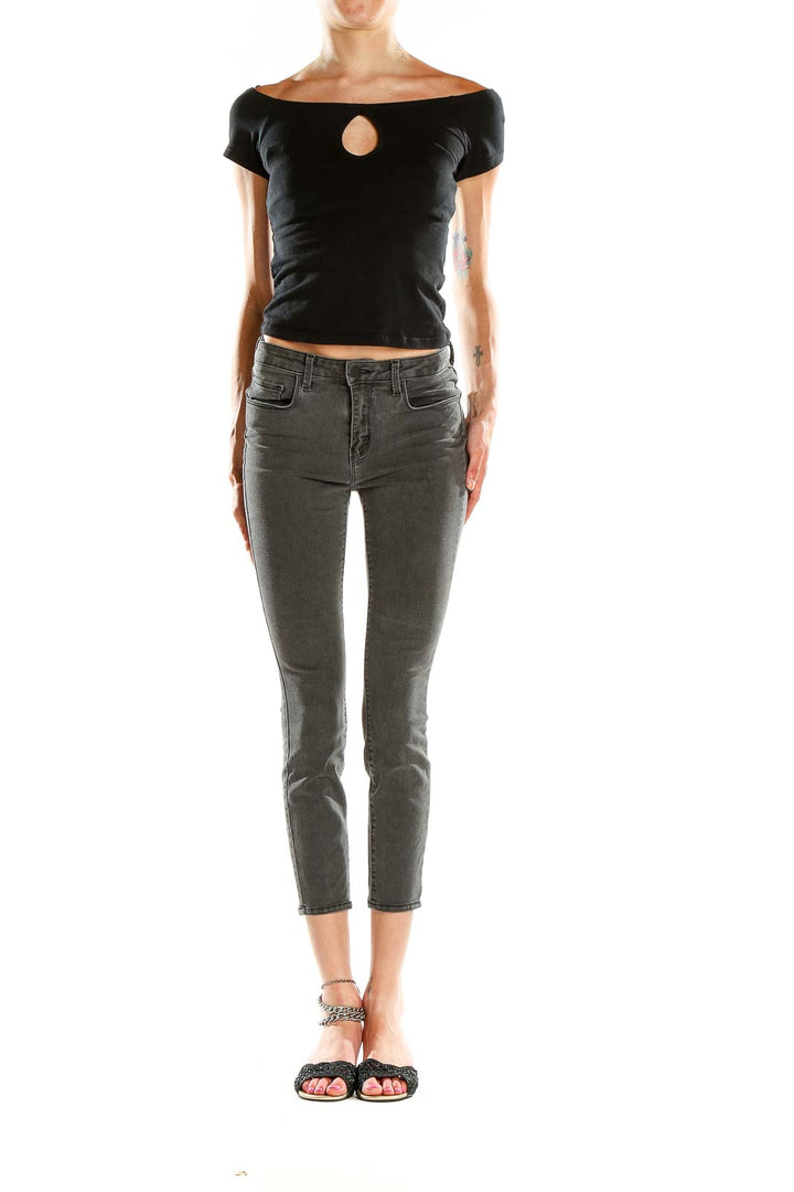 Front view of L'AGENCE olive green cropped skinny jeans on model