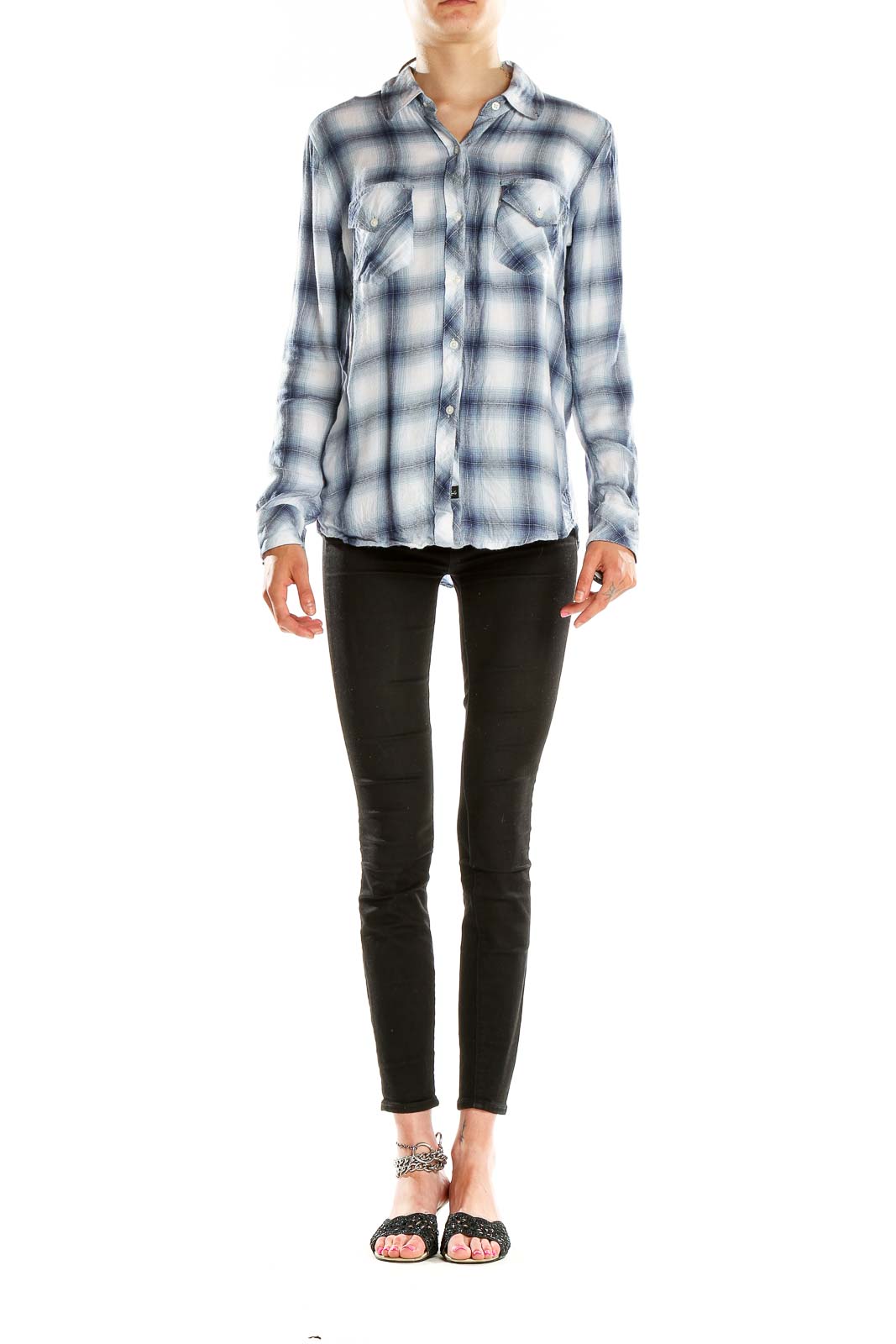 Front view of Rails blue and white plaid button-up shirt
